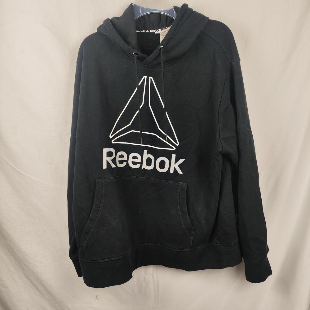 Reebok Hoodie Mens XL Black Fleece Pullover Logo Graphic Sweatshirt Kangaroo